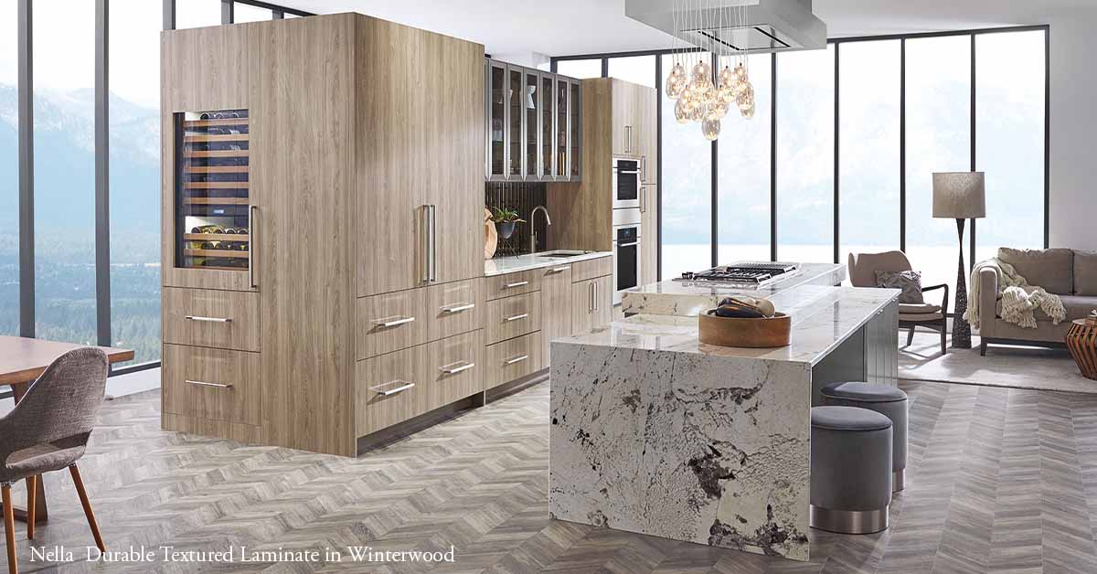 Kitchen Are view of Nella Contemporary Textured Laminate in Winterwood Finish Color